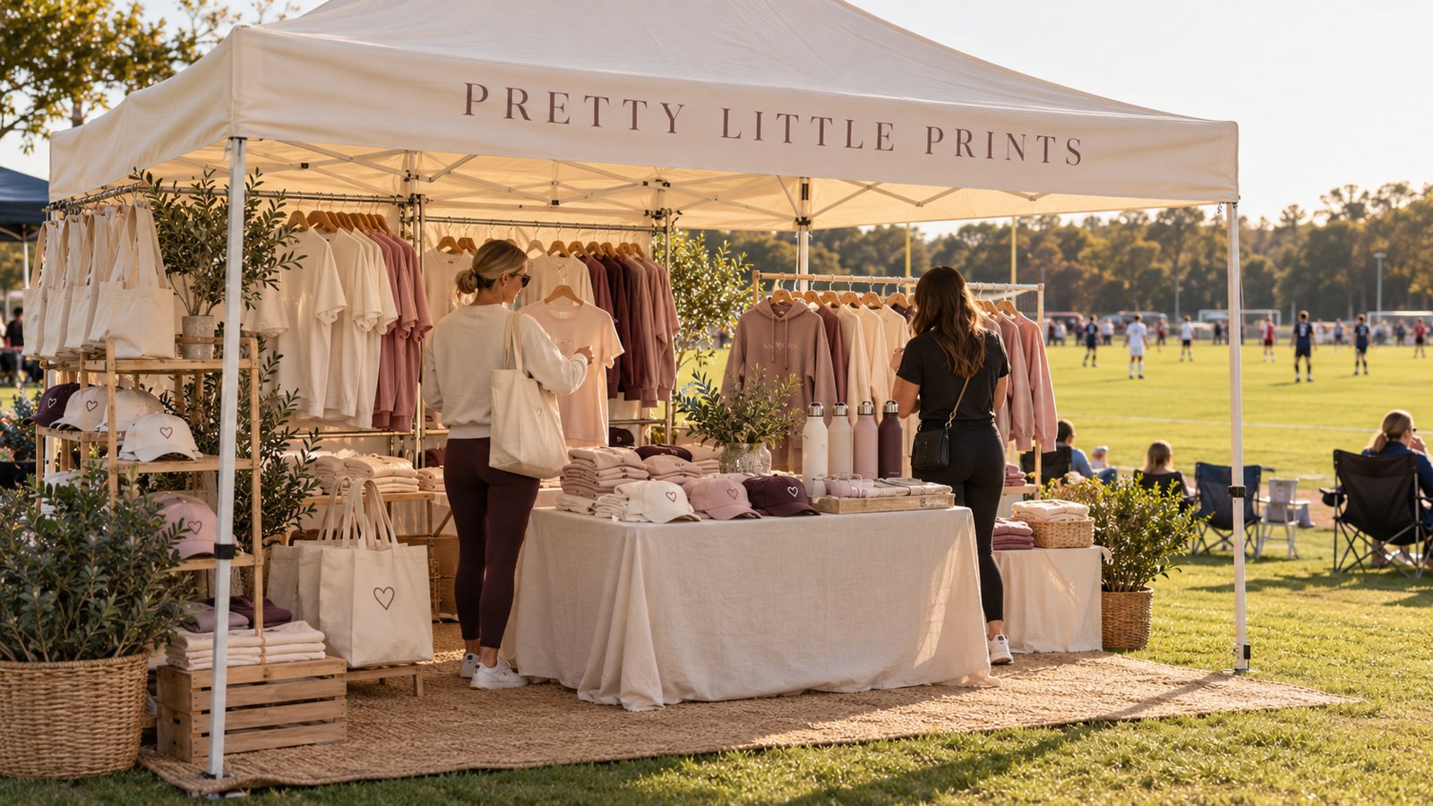 Concept of a Pretty Little Prints merchandise tent beside soccer fields, displaying team tees, hoodies, hats, totes, and bottles