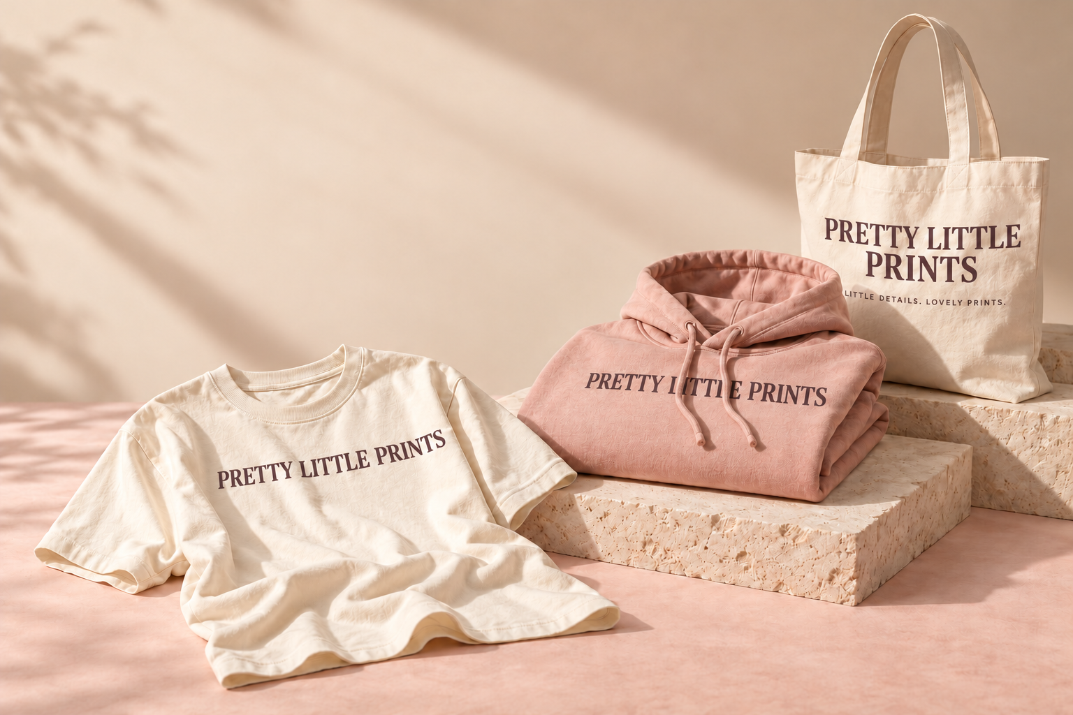 Cream tee and blush hoodie with full-width single-line Pretty Little Prints chest logos, and a cream tote with a large Pretty Little Prints logo